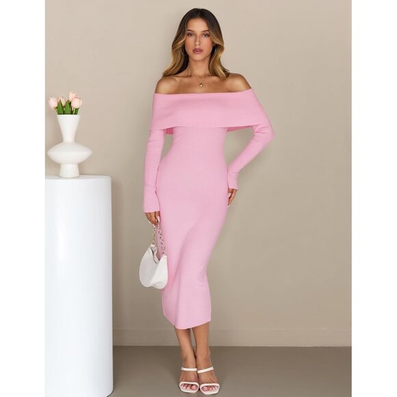 Merokeety Women's Lightpink Off Shoulder Long Sleeve Elegant Bodycon Dress - Picture 2 of 9